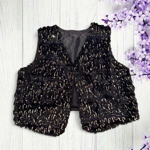 70s and true vintage black faux fur vest gold sequins retro glam disco style